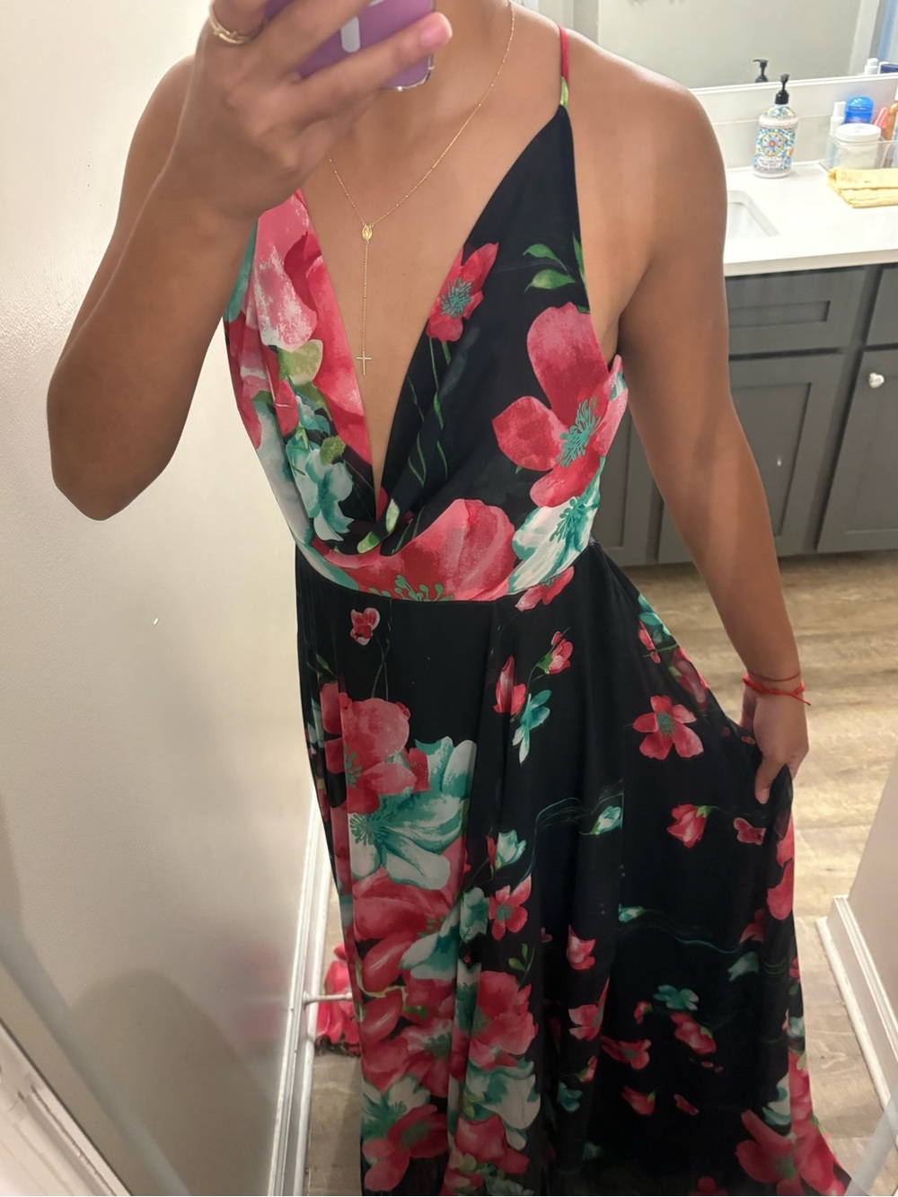 Va Va Voom Black Maxi Dress with Pink & Teal Floral Print